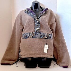 Anthro X Current Air Taupe Fleece with Floral Accent REVERSIBLE MEDIUM